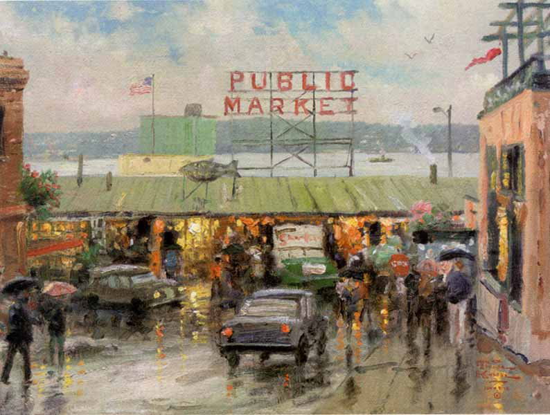 Thomas Kinkade "Pike Place Market": Signed by the Artist Paper Lithograph Limited Edition Includes Official Thomas Kinkade Certificate of Authenticity •Approx Size: 16" x 20"