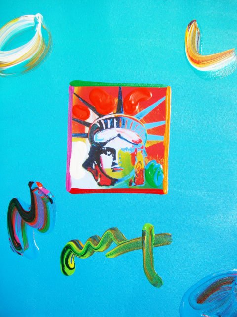 Peter Max "LIBERTY HEAD" Original Mixed Media: This is a Peter Max hand signed mixed media titled "LIBERTY HEAD". This piece is hand overpainted by Peter Max with a variation color combination of brushstrokes of his original artwork and hand signe
