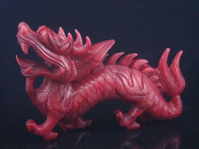 BLOOD JADE DETAIL CRAFTED LARGE FURIOUS DRAGON: Item Description: This is a very nice solid blood jade crated large furious walking dragon, excellent workmanship and the piece looks even more attractive in person, item width is approximately 8-1/4 