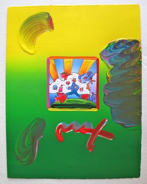 Peter Max COSMIC RUNNER Original Mixed Media: This is a Peter Max hand signed mixed media titled "COSMIC RUNNER". This piece is hand overpainted by Peter Max with a variation color combination of brushstrokes of his original artwork and hand sign