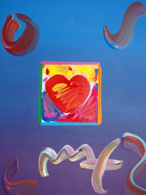 Peter Max "HEART" Original Mixed Media: This is a Peter Max hand signed mixed media. This piece is hand overpainted by Peter Max with a variation color combination of brushstrokes of his original artwork and hand signed by Peter Max with ac