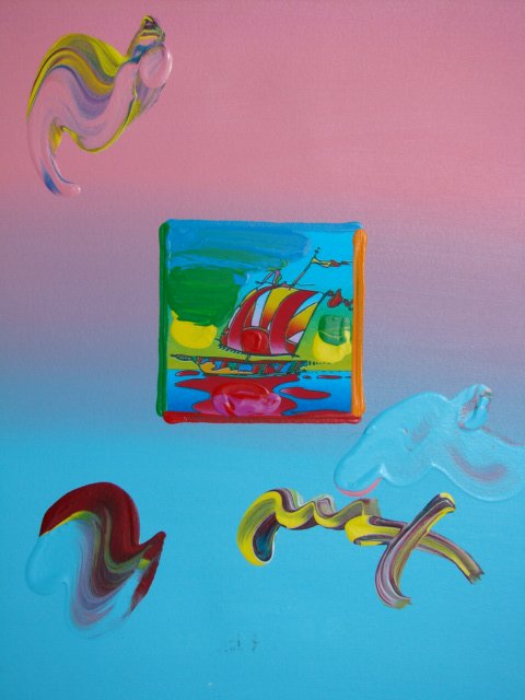 Peter Max "SAILBOAT" Original Mixed Media: This is a Peter Max hand signed mixed media. This piece is hand overpainted by Peter Max with a variation color combination of brushstrokes of his original artwork and hand signed by Peter Max with ac