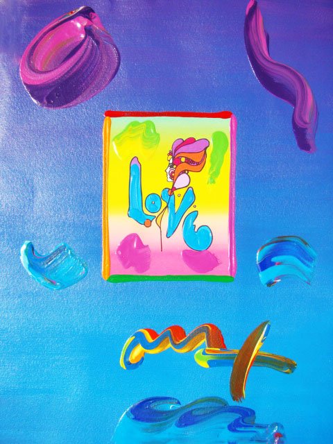 Peter Max "LOVE" Original Mixed Media: This is a Peter Max hand signed mixed media titled "LOVE". This piece is hand overpainted by Peter Max with a variation color combination of brushstrokes of his original artwork and hand signed by Pet
