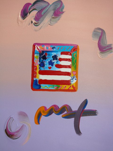 Peter Max "FLAG WITH HEART" Original Mixed Media: This is a Peter Max hand signed mixed media. This piece is hand overpainted by Peter Max with a variation color combination of brushstrokes of his original artwork and hand signed by Peter Max with ac