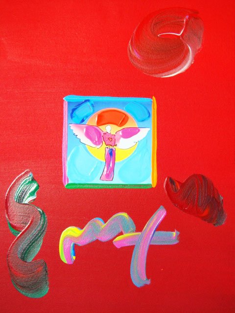 Peter Max "ANGEL WITH SUN" Original Mixed Media: This is a Peter Max hand signed mixed media titled "ANGEL WITH SUN". This piece is hand overpainted by Peter Max with a variation color combination of brushstrokes of his original artwork and hand sig