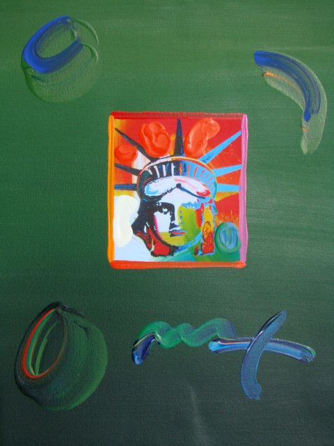 Peter Max "LIBERTY HEAD" Original Mixed Media: This is a Peter Max hand signed mixed media. This piece is hand overpainted by Peter Max with a variation color combination of brushstrokes of his original artwork and hand signed by Peter Max with ac