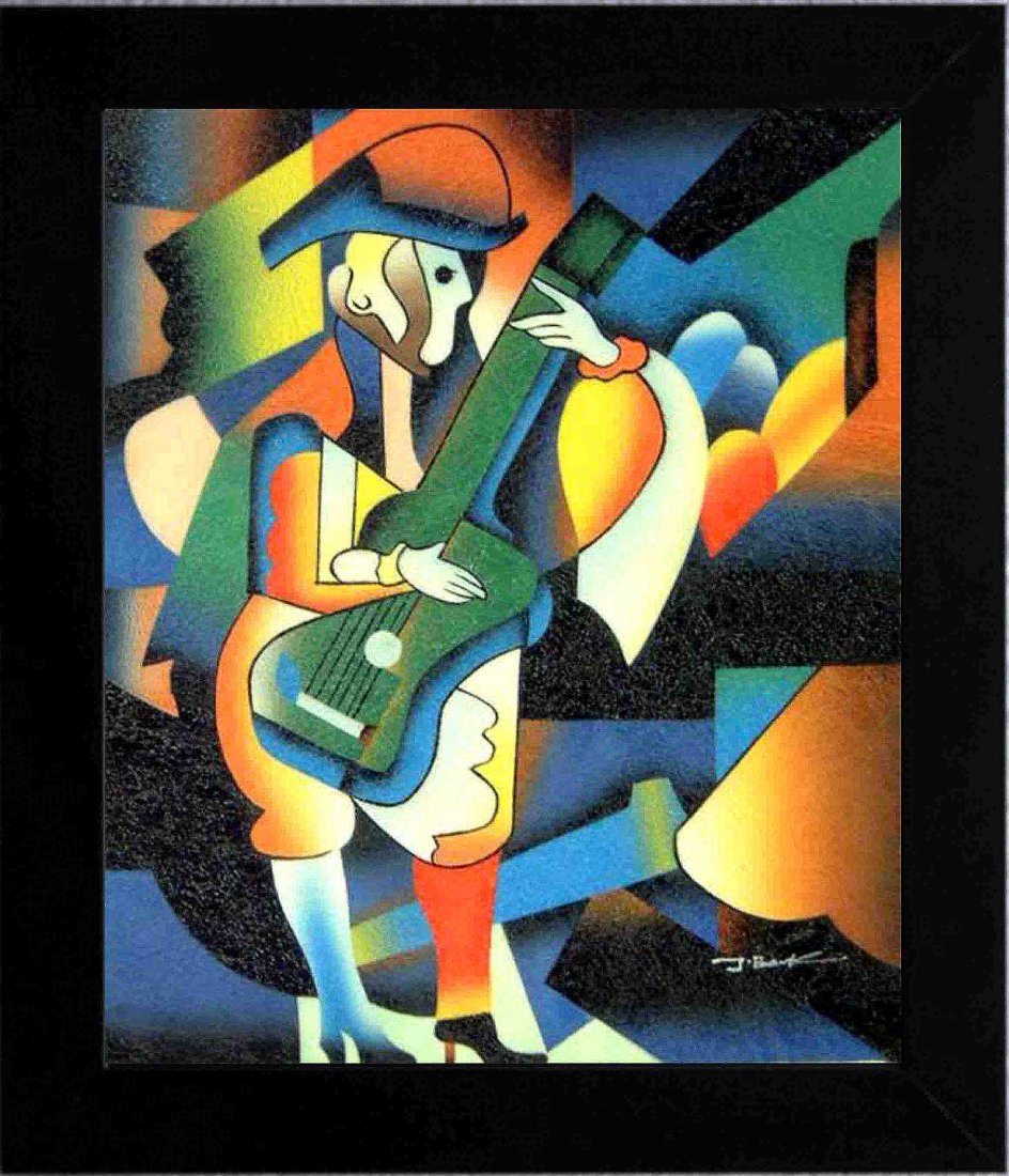 Court Jester, Framed Abstract Oil Painting: With strong lines and cubist influence, this abstract influenced oil painting will create a colorful and vivid space. With the fusion of colors and bold textures capturing the viewer’s eye around th