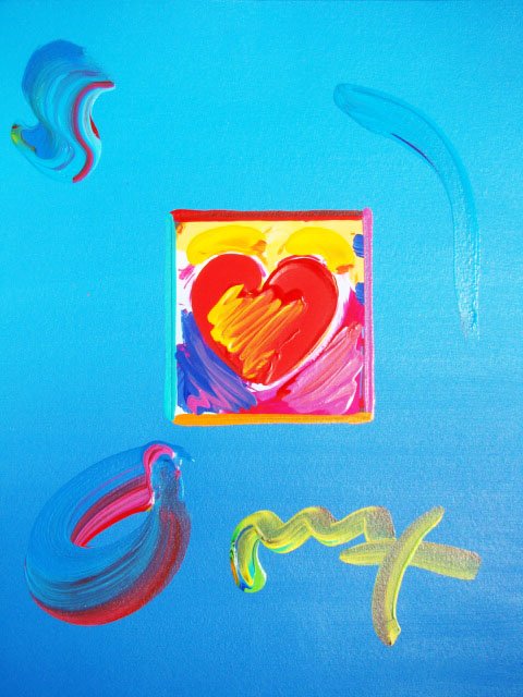 Peter Max "HEART" Original Mixed Media: This is a Peter Max hand signed mixed media titled "HEART". This piece is hand overpainted by Peter Max with a variation color combination of brushstrokes of his original artwork and hand signed by Pe