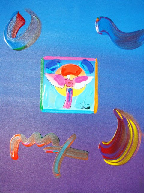 Peter Max "ANGEL WITH SUN" Original Mixed Media: This is a Peter Max hand signed mixed media titled "ANGEL WITH SUN". This piece is hand overpainted by Peter Max with a variation color combination of brushstrokes of his original artwork and hand sig