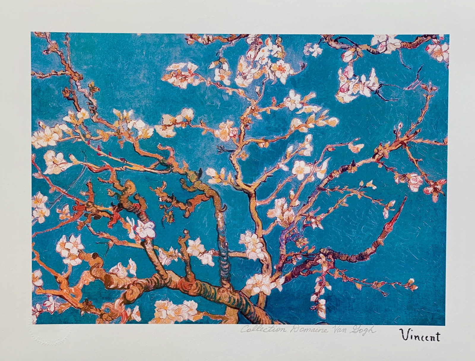 Vincent Van Gogh BLUE ALMOND BLOSSOMS Estate Signed Limited Edition Giclee: This is a VINCENT VAN GOGH (ESTATE COLLECTION DOMAINE) reproduction giclee titled ?ALMOND BLOSSOMS ? BLUE?.This piece is pencil signed on the lower right as ?Collection Domaine Van Gogh? and has an em