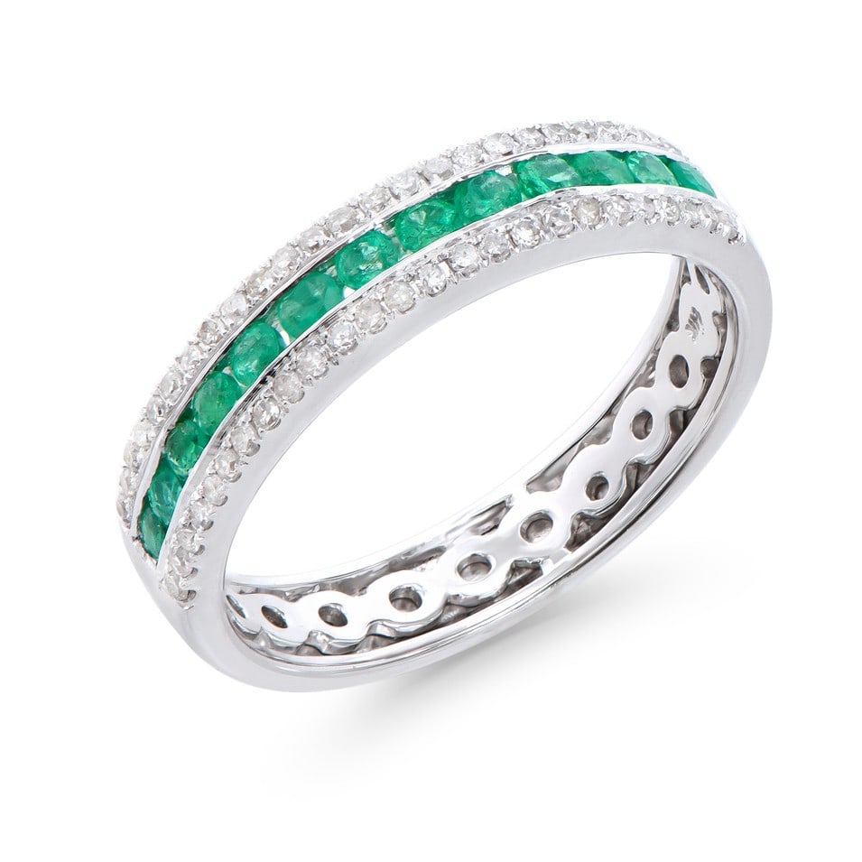 0.75 CTS CERTIFIED BRASIL EMERALD & DIAMONDS 14K DESIGNER WHITE GOLD RING $5768: 14 K WG 3.75 GRAM EMERALD ROUND 2MM 13 PCS /0.50 CTS DIAMONDS ROUNDS I2-I3 GRADE 1MM 52 PCS / 0.25 CTS