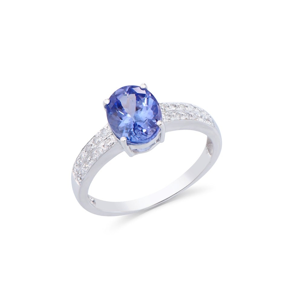 1.95 CTS CERTIFIED DIAMONDS & TANZANITE 14K WHITE GOLD DESIGNER RING $12,470: 14K WHITE GOLD 2.10 GRAM DIAMONDS 1.2MM 24 PCS-0.20CTS, COLOR H-1, GRADE I1-I2 TANZANITE OVAL 9X7 MM-1 PCS - 1.75 CTS