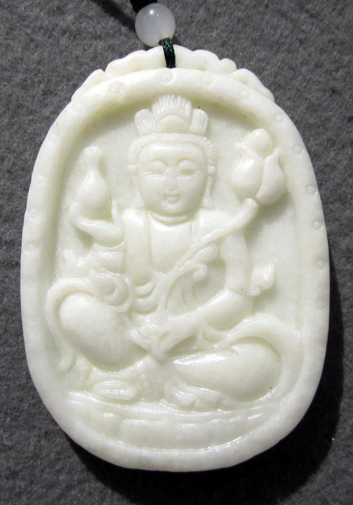 Zhou Dynasty White Jade Sitting Kwan Lin Amulet: Approx Size: 2" Diameter. It is the customary and traditional belief of Chinese people that wearing the jade is the good means of which people will be protected from bad luck, evil spirit and danger. 