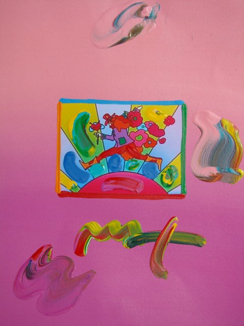 Peter Max "COSMIC RUNNER" Original Mixed Media: This is a Peter Max hand signed mixed media titled "COSMIC RUNNER". This piece is hand overpainted by Peter Max with a variation color combination of brushstrokes of his original artwork and hand sign