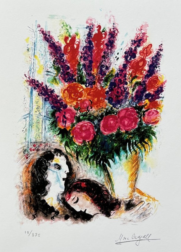 Marc Chagall BOUQUET OF FLOWERS Giclee: This is a Marc Chagall limited edition giclee titled ?BOUQUET OF FLOWERS?. This subject is facsimile signed which means it has a copy of Chagall?s signature. Numbered from a limited edition of 375. Im