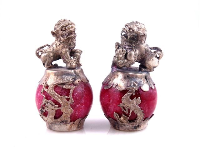 Tibetan Silver Dragon Phoenix Foo Dogs Sculptures: Item Description: This is a very nice pair Tibetan silver plated dragons and phoenix armored lion Foo Dog statues, excellent workmanship and the piece looks even more attractive in person, item width 