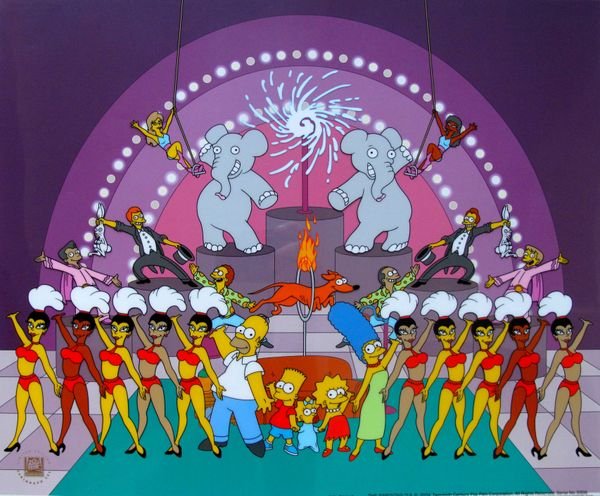 THE SIMPSONS VIVA CIRCUS Animation Sericel: This is a large Limited Edition Sericel of VIVA THE SIMPSONS by 20th Century Fox and Matt Groening. Based on one of Matt Groening's favorite couch gags that has been used throughout the Simpsons for m