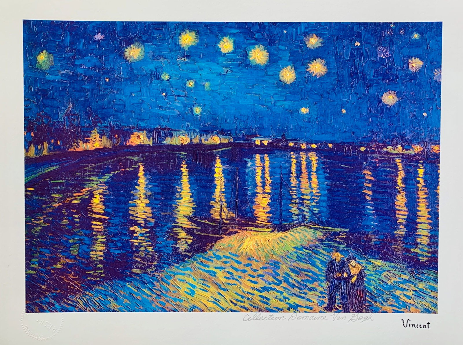 Vincent Van Gogh STARLIGHT OVER RHONE Estate Signed Limited Edition Giclee: This is a VINCENT VAN GOGH (ESTATE COLLECTION DOMAINE) reproduction giclee titled ?STARLIGHT OVER RHONE?.This piece is pencil signed on the lower right as ?Collection Domaine Van Gogh? and has an embo