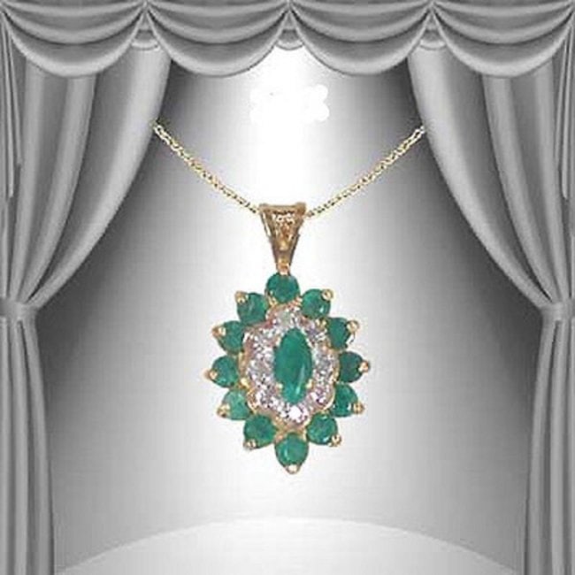1.37 Cts Emerald & Diamond 18KGP Designer Necklace: 1 piece of GENUINE 5X2.5 mm marquise Emerald quality AAA no treatment.12 pieces of GENUINE 2.5 mm rounds Emeralds quality AAA no treatment.8 pieces of GENUINE 1.1 mm faceted rounds diamonds.2.65 grams