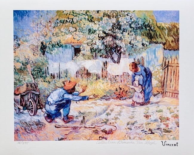 First Steps by Vincent Van Gogh Estate Signed Giclee: Fine art Giclee titled FIRST STEPS. This piece is pencil signed on the lower right as Collection Domaine Van Gogh and has an embossed seal stamped by the Estate Domaine. Pencil numbered from an editio