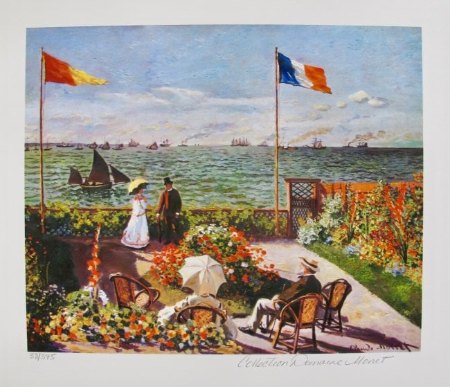 Claude Monet TERRACE BY THE SEASIDE Estate Signed Giclee: This is a CLAUDE MONET (ESTATE COLLECTION DOMAINE) giclee titled ?TERRACE BY THE SEASIDE?. This piece is pencil signed on the lower right as ?Collection Domaine Monet? and has an embossed seal stamped