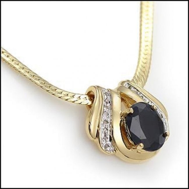 6.12 Cts Sapphire & Diamond Designer Necklace $1,680: 1 piece of GENUINE 12X10mm faceted oval Black Sapphire quality AAA no treatment.16 pieces of GENUINE single cut diamonds 0.12 carat Tw, I2-I3 no treatment. 13.11 grams of base metal layered with 18K y