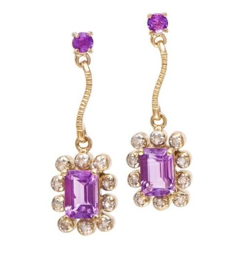 4.68 CT Amethyst & Diamond Designer Earrings $1,170: 2 pieces of GENUINE 3x4 mm faceted Emerald cut Amethysts quality AAA no treatment. 10 pieces of GENUINE 1.2 mm single cut diamonds SI-1 no treatment. 6.89 grams of Base Metal layered with 18K yellow g