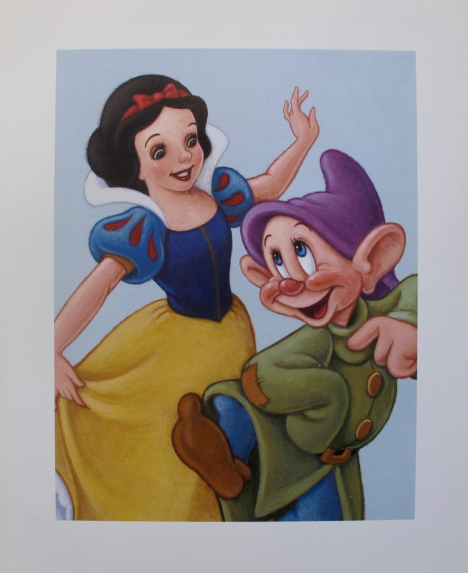 DISNEY SNOW WHITE and DOPEY Lithograph SEVEN DWARFS: This is an offset lithograph titled ?Snow White and Dopey? from the classic Disney film ?Snow White and the Seven Dwarfs?Paper measures: 14? x 11?. Image measures 9? x 6.5?.Comes unframed. In excellen