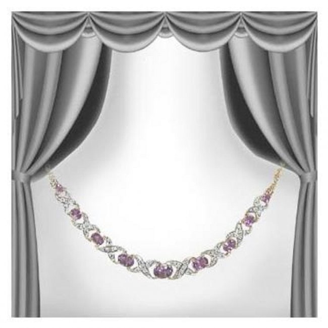5.19 Cts Amethyst & Diamond 18KGP Designer Necklace: 9 pieces of GENUINE Ovals Amethysts quality AAA no treatment.8 pieces of GENUINE 1.1mm faceted round diamond 0.06 carat Tw I-J color.10.48 grams of base metal layered with 18K yellow gold.The necklace