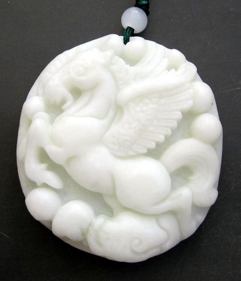 Zhou Dynasty White Jade The Pegasus Amulet: Approx Size: 2" Diameter. It is the customary and traditional belief of Chinese people that wearing the jade is the good means of which people will be protected from bad luck, evil spirit and danger. 