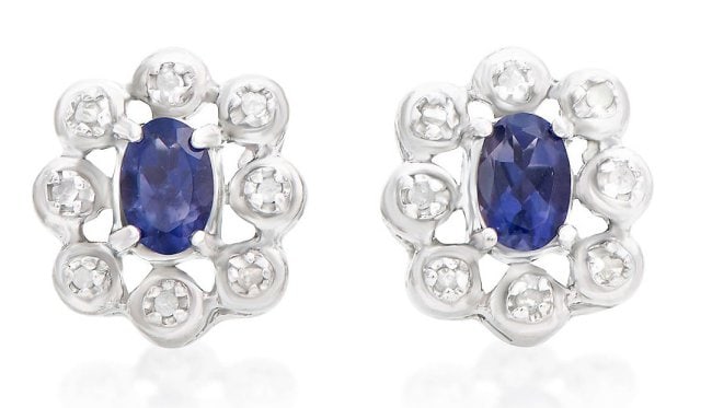 0.94 Ct Natural Diamond Iolite Sterling Silver Designer Earrings MSRP $1,395!: Gemstone DescriptionGemstone: IoliteColor: Purple Blue Shape: OvalSize: 6x4Quantity: 2CTW: 0.82 Diamond DescriptionShape: RoundsSize: 1.1mm Quantity: 16CTW: 0.12Grade: I3Color: H-I Material Informatio