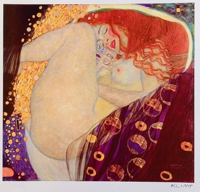 Danae Giclee by Gustav Klimt: Danae Giclee by Gustav Klimt limited edition. This piece is facsimile signed on the lower right. Pencil numbered from an edition of 375.Image measures 15 inches x 10 inches. Paper with border measures