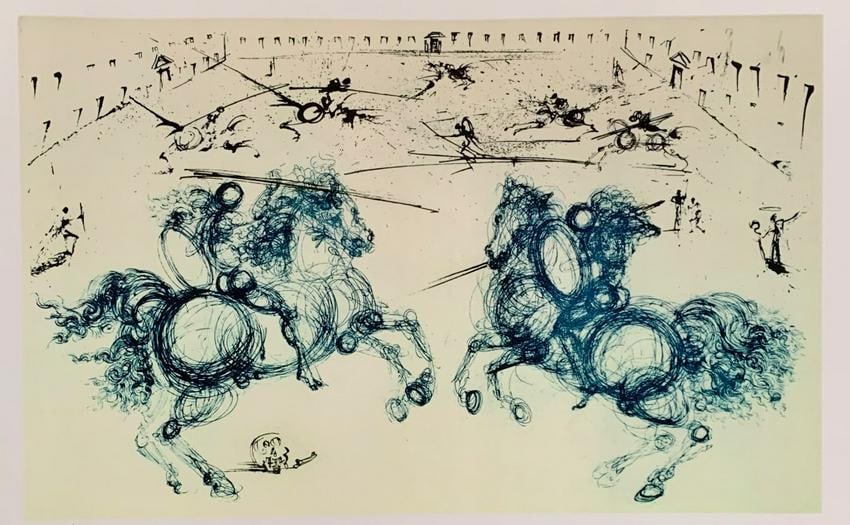 Dali Combat De Chevaliers Facsimile Signed Limited Edition Giclee: This is a limited edition giclee titled ?COMBAT DE CHEVALIERS? by Salvador Dali. This piece is facsimile signed on the lower right. Pencil numbered from an edition of 375. Paper measures 12" x 17". Im