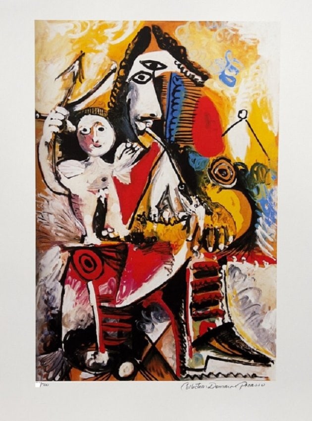 Pablo Picasso CHILD ON MAN?S LAP Estate Signed Limited Edition Giclee MSRP $1,175!: This is a PABLO PICASSO (ESTATE COLLECTION DOMAIN) (1881-1973) small giclee titled ?CHILD ON MAN?S LAP?.This piece is pencil signed on the lower right as ?Collection Domain Picasso? and has an embosse