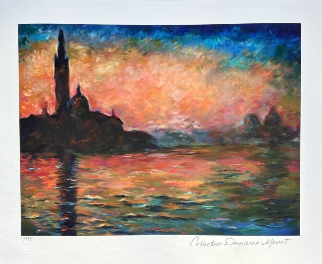 Claude Monet Venice At Dusk Estate Signed Limited Edition Giclee: This is a CLAUDE MONET (ESTATE COLLECTION DOMAINE) giclee titled Venice at Dusk. This piece is pencil signed on the lower right as Collection Domaine Monet and has an embossed seal stamped by the Esta