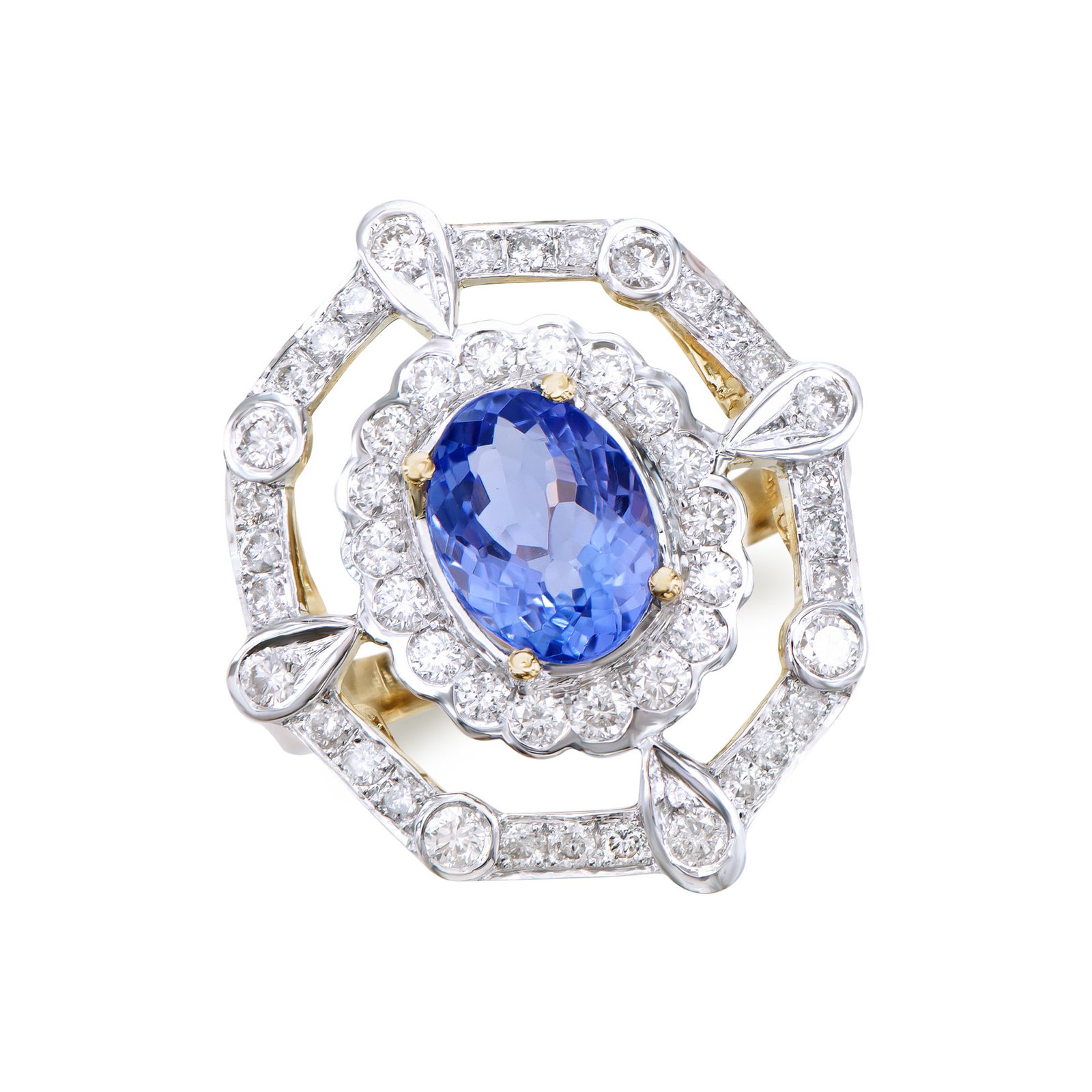3.10 Ct Certified Tanzanite & Diamond Designer 14K Gold Ring $17,100!: Center : 2.15 Ct of Oval shape Purple Tanzanite 9 x 7 mm quality AAA no treatment,Sides : 0.95 Ct round diamonds 1.5 mm , H-I , I1-I2 no treatment.5.45 grams 14K solid yellow gold.size 7.5.Comes with 