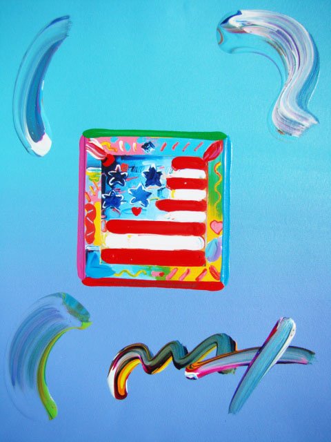 Peter Max FLAG WITH HEART Original Mixed Media: This is a Peter Max hand signed mixed media titled "FLAG WITH HEART". This piece is hand overpainted by Peter Max with a variation color combination of brushstrokes of his original artwork and hand si