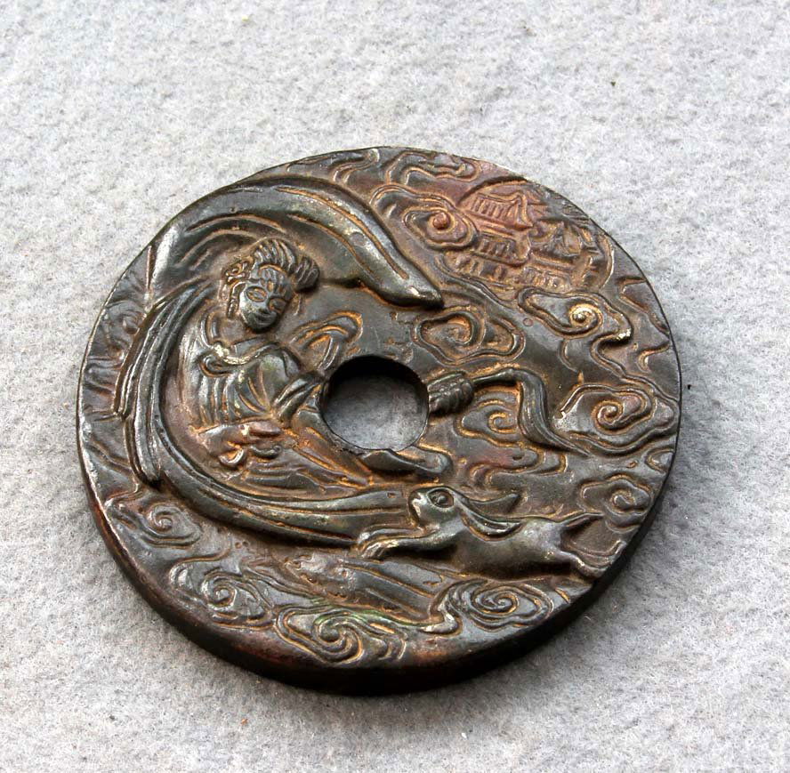 4" 750+ CT Jade Shiva and Rabbit Decorative Carvin: The Royal Cameo Carving Jade disc was carved from a piece of fine grained Jade gemstone. The design is unique and very lovely and the carving is delicately performed. Size: 750+ Carat, 4 " Translucenc