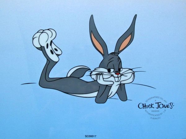 Warner Bros BUGS BUNNY Lying Down Sericel: This is a Limited Edition Sericel of Warner Bros Looney Tunes BUGS BUNNY by Chuck Jones. This fantastic animation features Bugs Bunny as he appeared in the 1970's cartoons. This Cel measures 8 by 6 in