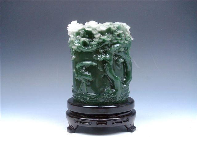 Jade Cranes Pine Trees Carved Pen Brush Holder Pot: Item Description: This is a very nice jade crafted unique pen/brush holder with overlay beautiful cranes and pine trees carved. Excellent workmanship and the piece looks even more attractive in person