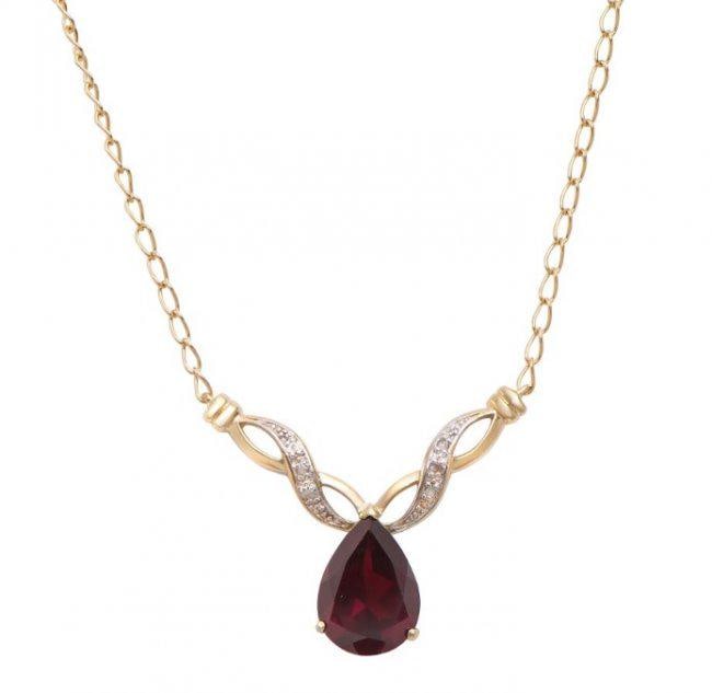 6.12 Cts Garnet & Diamond 18KGP Designer Necklace: 1 pieces of Pear Shape GENUINE 14x10mm Garnet quality AAA no treatment.6 pieces of GENUINE 1.1mm rounds diamond 0.05 carat Tw.5.55 grams of base metal layered with 18K yellow gold.The necklace length 