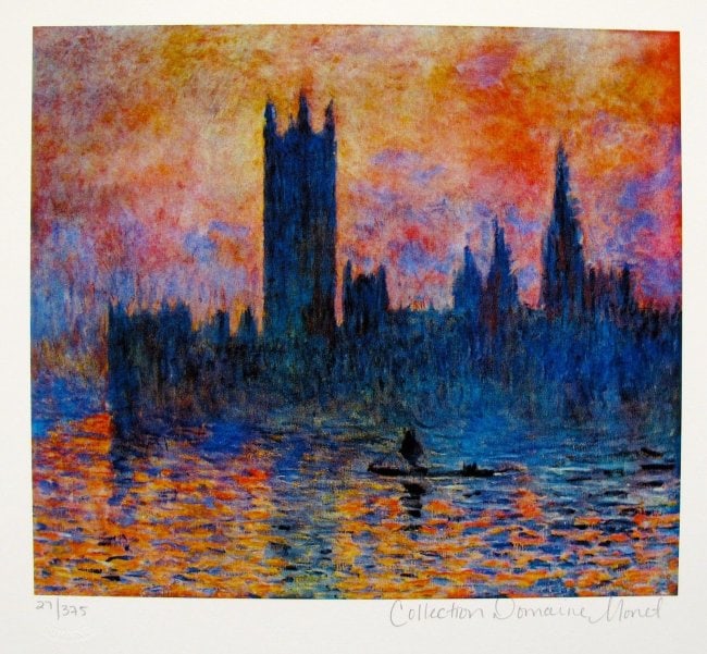 Claude Monet HOUSES OF PARLIAMENT Estate Signed Giclee: This is a CLAUDE MONET (ESTATE COLLECTION DOMAINE) giclee titled ?HOUSES OF PARLIAMENT?. This piece is pencil signed on the lower right as ?Collection Domaine Monet? and has an embossed seal stamped b