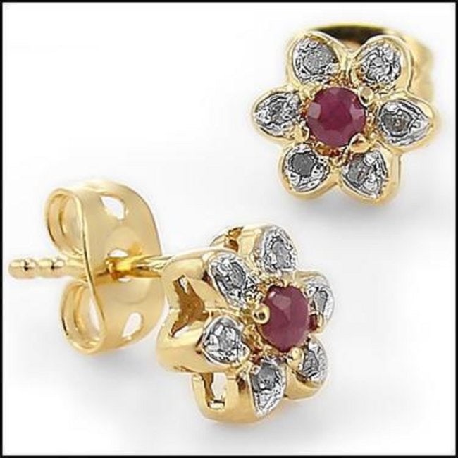 0.32 ct Natural Ruby Diamond 18KGP Sterling Silver Designer Earrings $1,295!: Gemstone Description Gemstone: Ruby Color: Red Shape: Round Size: 2.5mmQuantity: 2CTW: 0.2 Diamond Description Shape: Rounds Size: 1.2mm Quantity: 12CTW: 0.12Grade: I3Color: H-I Material Information:P