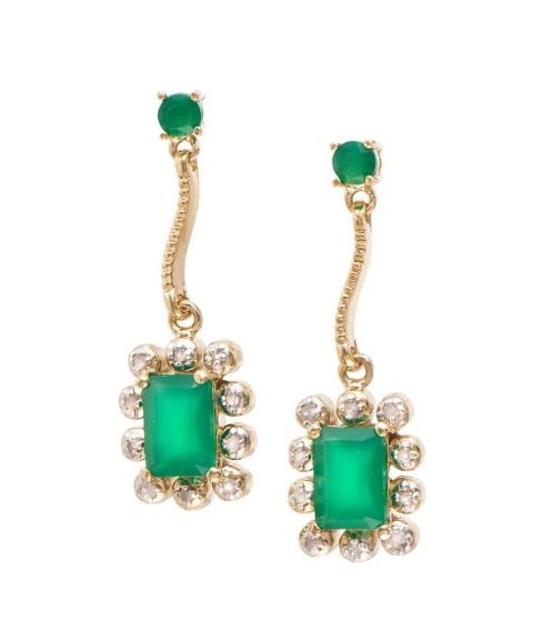 4.64 CT Green Agate & Diamond Designer Earrings $1,130: 2 pieces of GENUINE 3x4 mm faceted Emerald cut Green Agates quality AAA no treatment. 10 pieces of GENUINE 1.2 mm single cut diamonds SI-1 no treatment. 6.89 grams of Base Metal layered with 18K yello