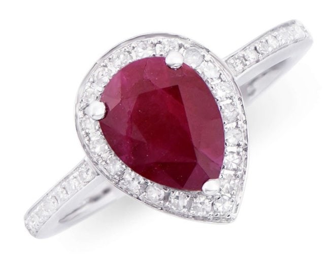 2.01 Cts Certified Natural Diamonds & Ruby 14K White Gold Designer Ring: Gemstone: RubyColor: RedShape: PearSize: 9x7Quantity: 1CTW: 1.72 Diamond DescriptionShape: RoundsSize: 1.1-1.2 mm Quantity: 38CTW: 0.29Grade: I1-I2Color: H-I Material Information:Primary Material: 14k