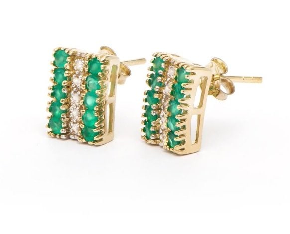 3.84 CT Green Agate & Diamond Designer Earrings $1,110: 10 pieces of GENUINE 1.9 mm faceted Green Agates quality AAA no treatment. 5 pieces of GENUINE 1.2 mm single cut diamonds SI-1 no treatment. 6.78 grams of Base Metal layered with 18K yellow gold.