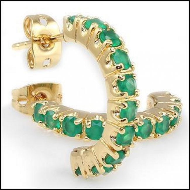 1.20 Cts Green Agate Hoops 18KGP Designer Earrings: 20 pieces of GENUINE 2.5mm round Green Agate quality AAA no treatment.2.05 grams of Base Metal layered with 18K yellow gold, (18KGP stamp).This lovely earrings comes in a free jewelry gift box.Great j