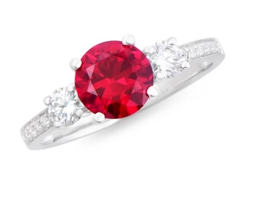 $10,895! 2.05 ct Lab Grown Ruby Diamond Ring F, VVS AAA IDEAL Cut CERT: Gemstone Description:Gemstone: Ruby Lab Grown Color: Red Shape: Round Size: 7mm Quantity: 1 Grade:AAA Ct: 1.61 Diamond Lab Grown Description:Shape: Round Size: 1.2-3.5mm Quantity: 15Ct: 0.44Grade: VVS