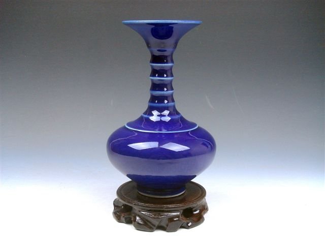 Chinese Purple Glazed Overlay Dragon Bamboo Neck Va: Item Description: This is a very nice Chinese monochrome pure purple glazed overlay dragon hand painted porcelain unique vase with bamboo shaped neck *Display stand shown included*. Excellent workmans