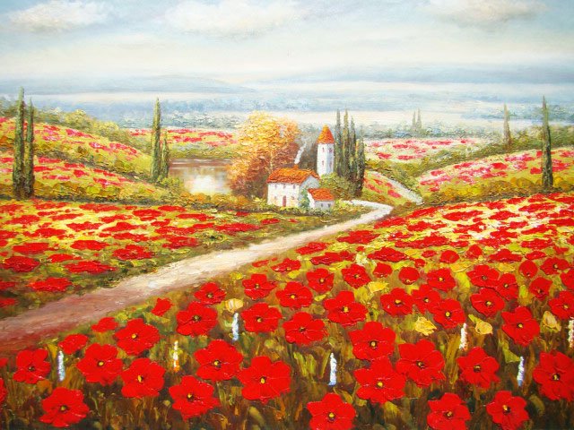 100% Hand-Painted Oil Painting "The Red Hills": This hand painted piece, signed by the artist, will sweep you away with its smooth lines and soft colors. The bursting field of flowers and linear tress seduce the eye around the canvas, creating an i